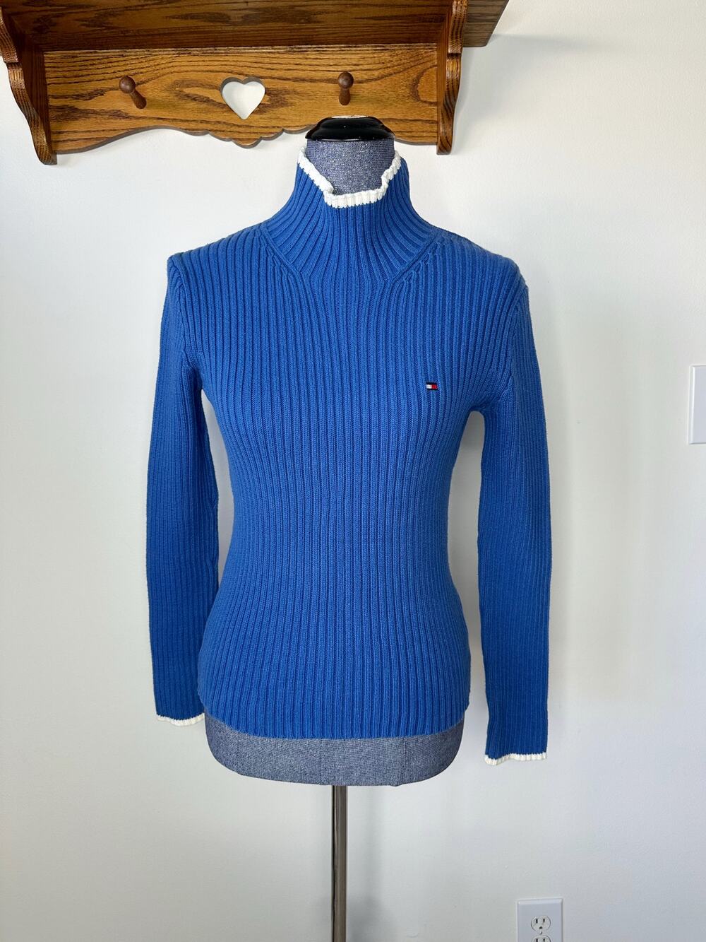Tommy Hilfiger Vintage Y2K Blue Cotton Ribbed Funnel Neck Sweater Size Small